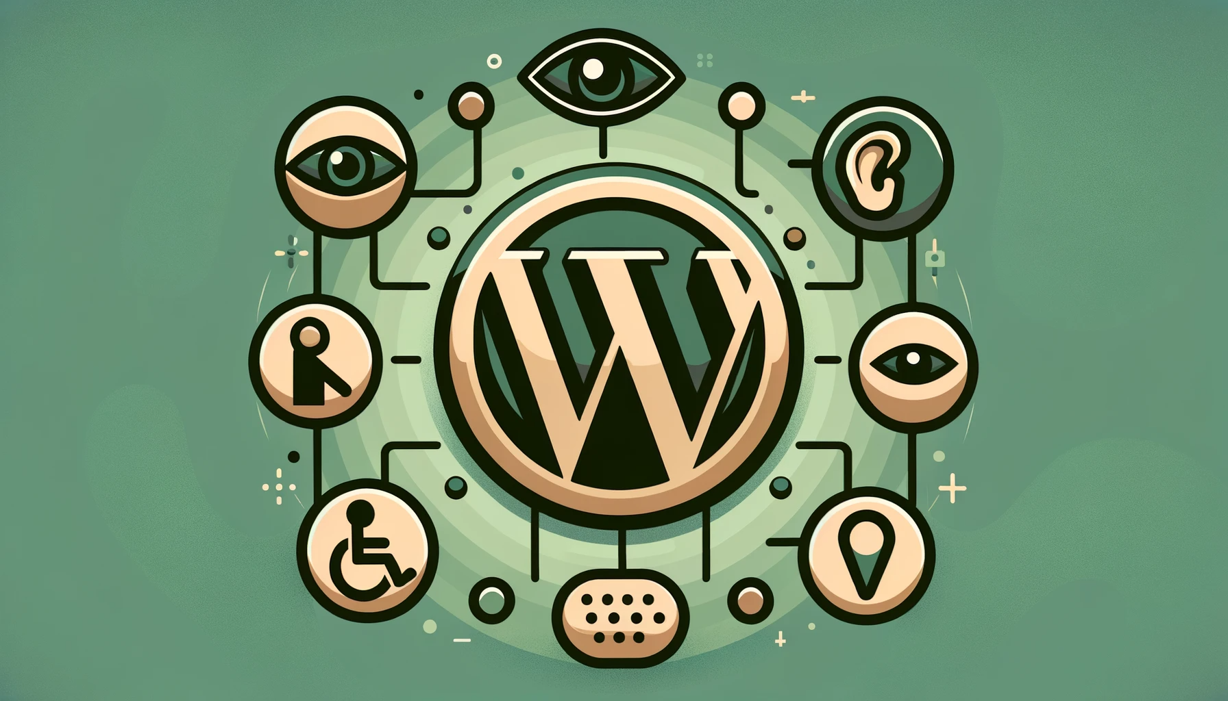An illustration with the WordPress logo surrounded by various accessibility icons.