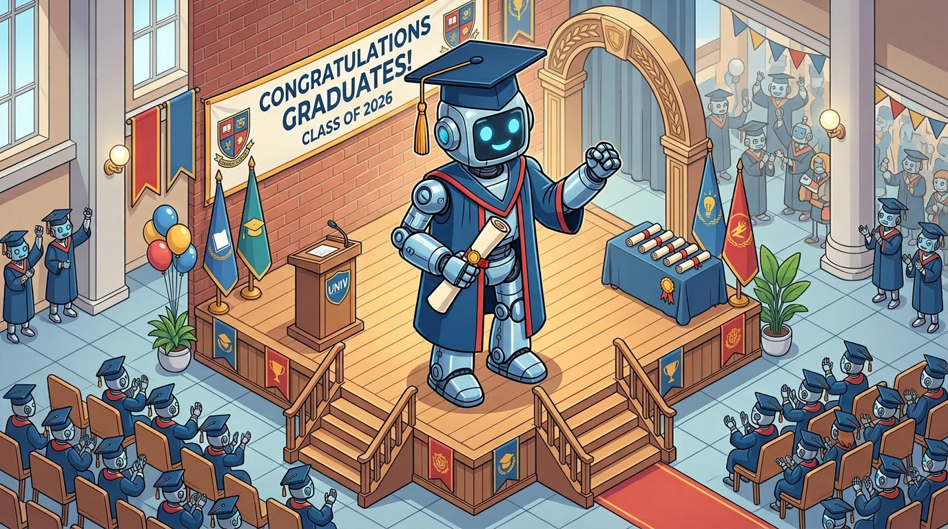 Robot in graduation gown and cap holding diploma on stage at graduation ceremony