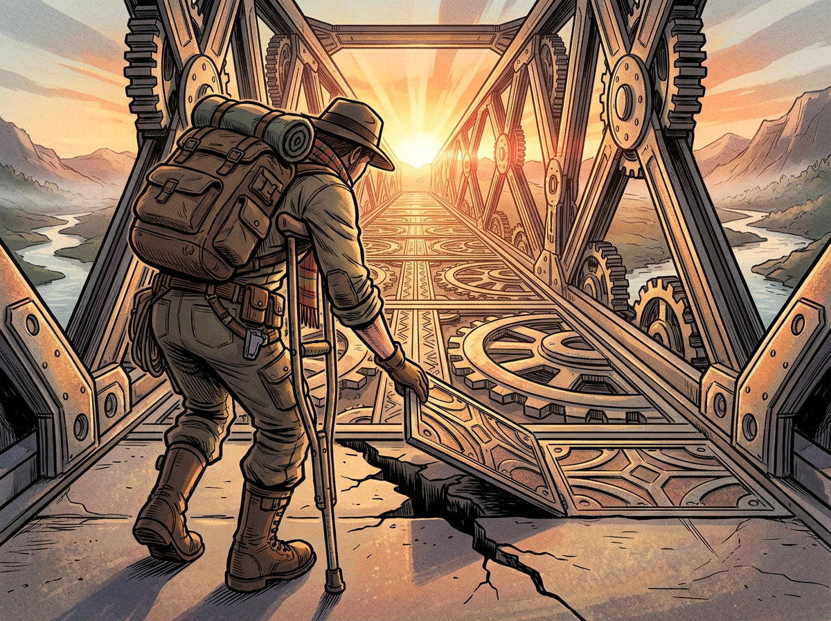Explorer with backpack approaching a giant gear-powered bridge at sunrise